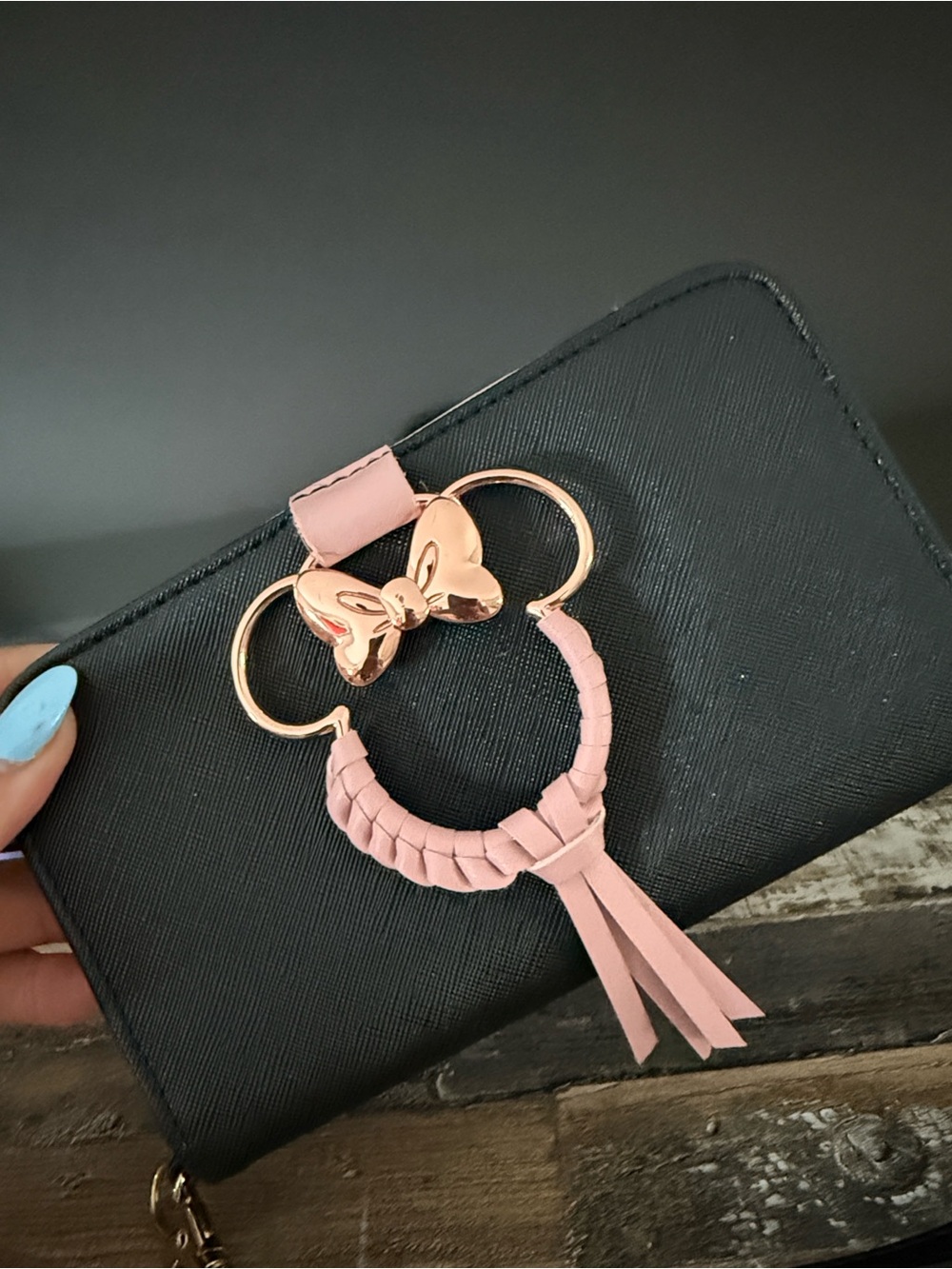 Black Wallet with Pink Bow Ring Tassel Keychain